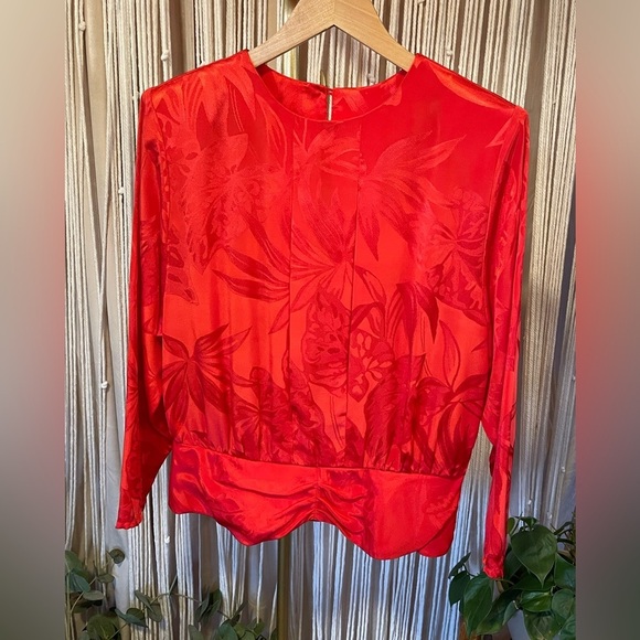 vintage Tops - Early 90s vintage red botanical long sleeve blouse w/ ruched waist side buttons